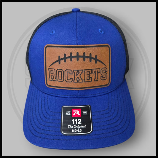 Blue and black mesh trucker cap with Rockets football patch and 112 label