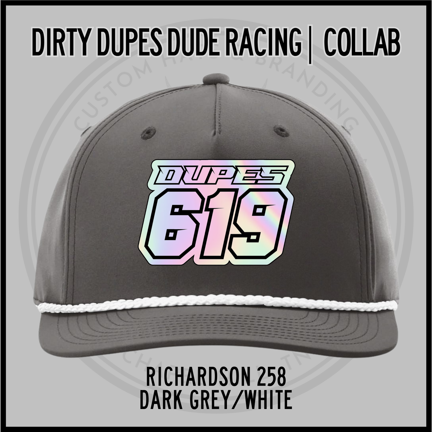 Dark grey baseball cap with white brim trim and 619 racing logo patch