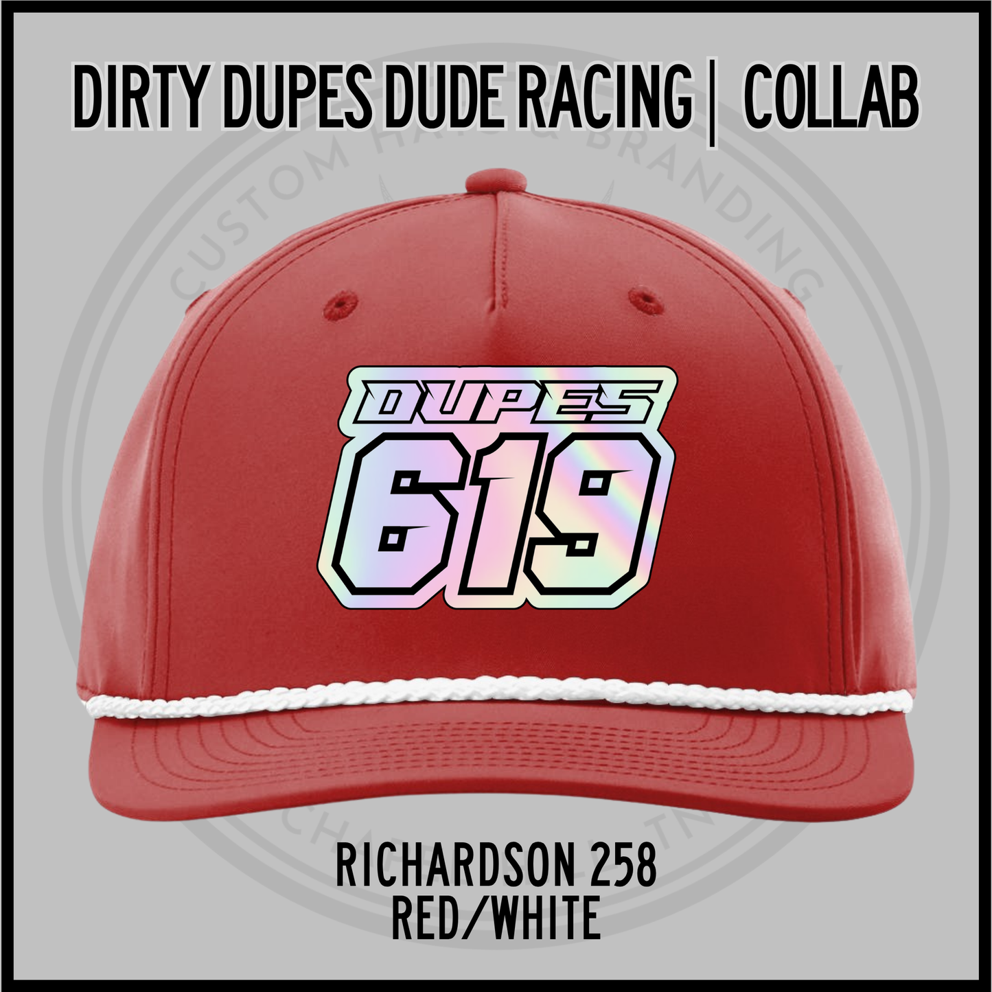 Red baseball cap with white brim trim and 619 racing logo patch