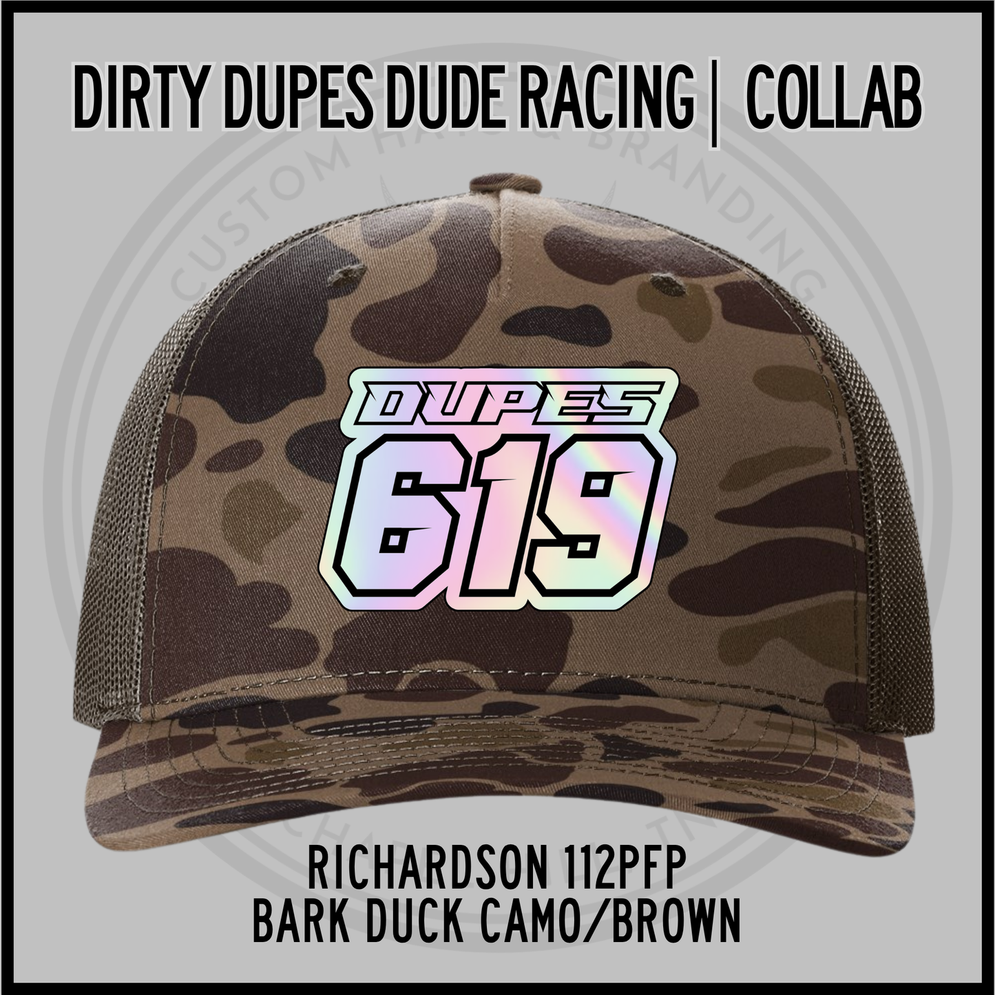 Bark duck camo Richardson 112PFP trucker cap with '619' front patch