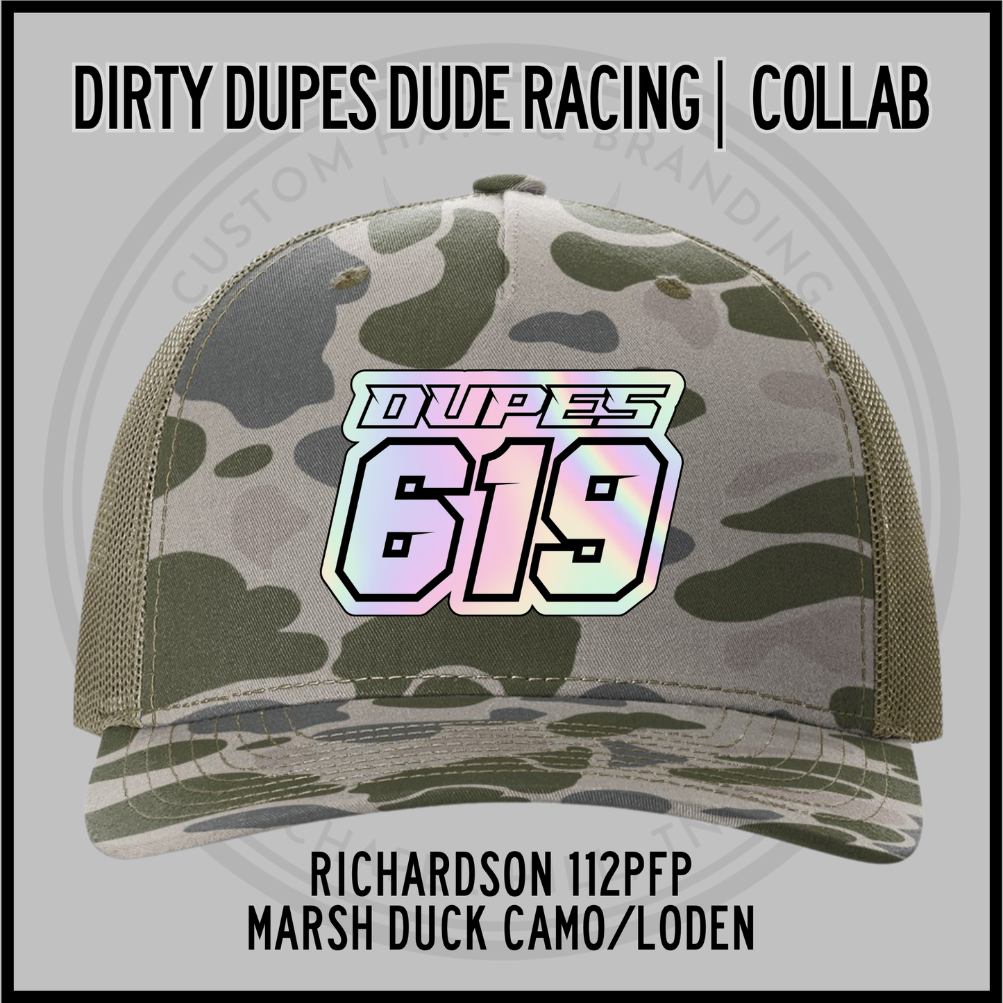 Marsh duck camo Richardson 112PFP trucker cap with '619' front patch
