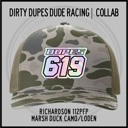 Marsh duck camo Richardson 112PFP trucker cap with '619' front patch