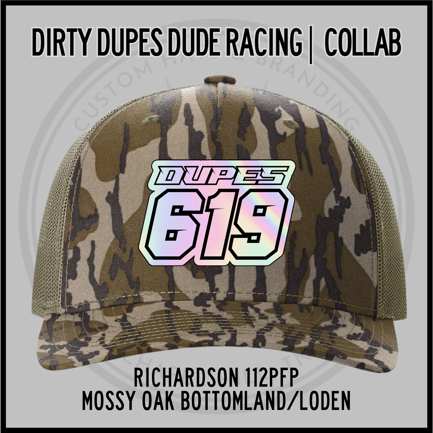 Mossy Oak bottomland/loden Richardson 112PFP trucker cap with '619' front patch