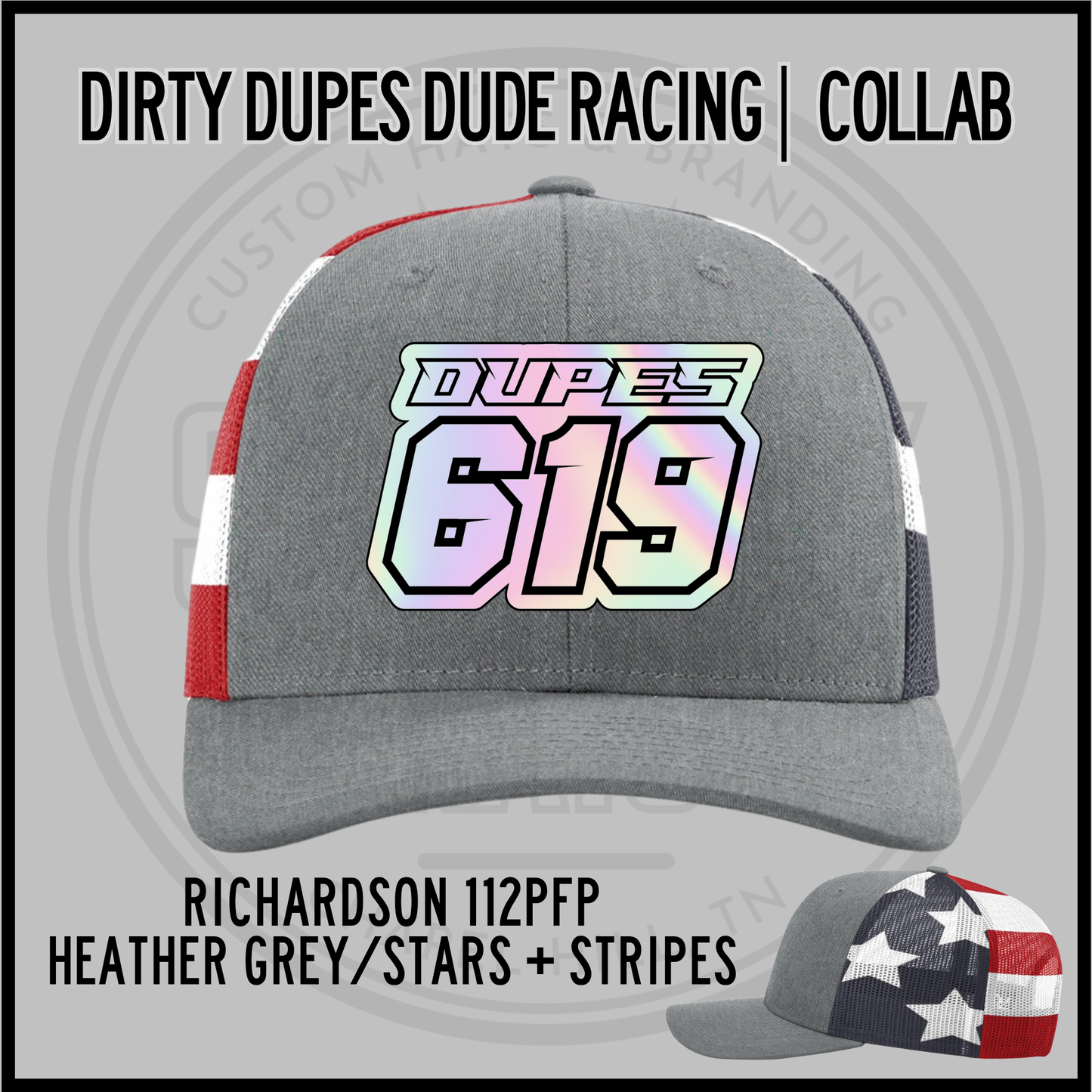 Heather grey Richardson 112PFP trucker cap with stars & stripes side and '619' patch