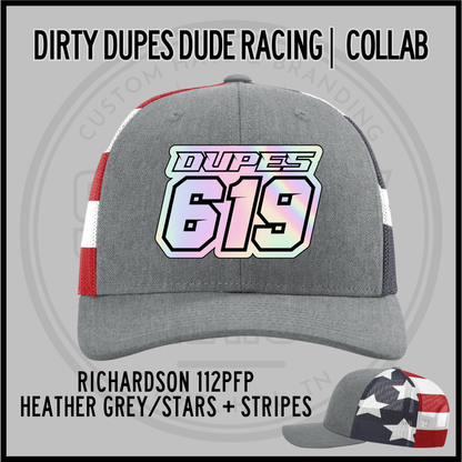 Heather grey Richardson 112PFP trucker cap with stars & stripes side and '619' patch