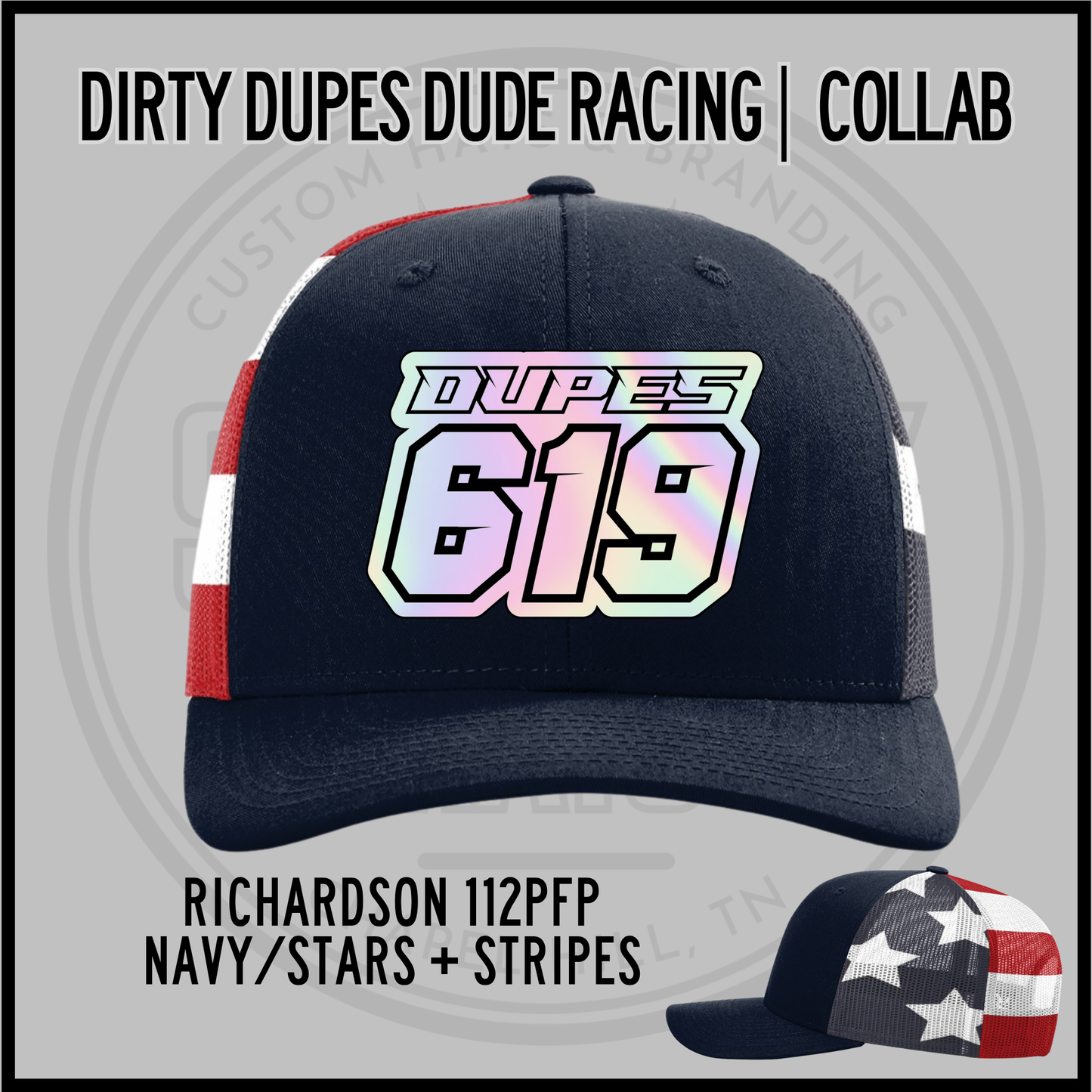 Navy Richardson 112PFP trucker cap with stars & stripes side and '619' patch