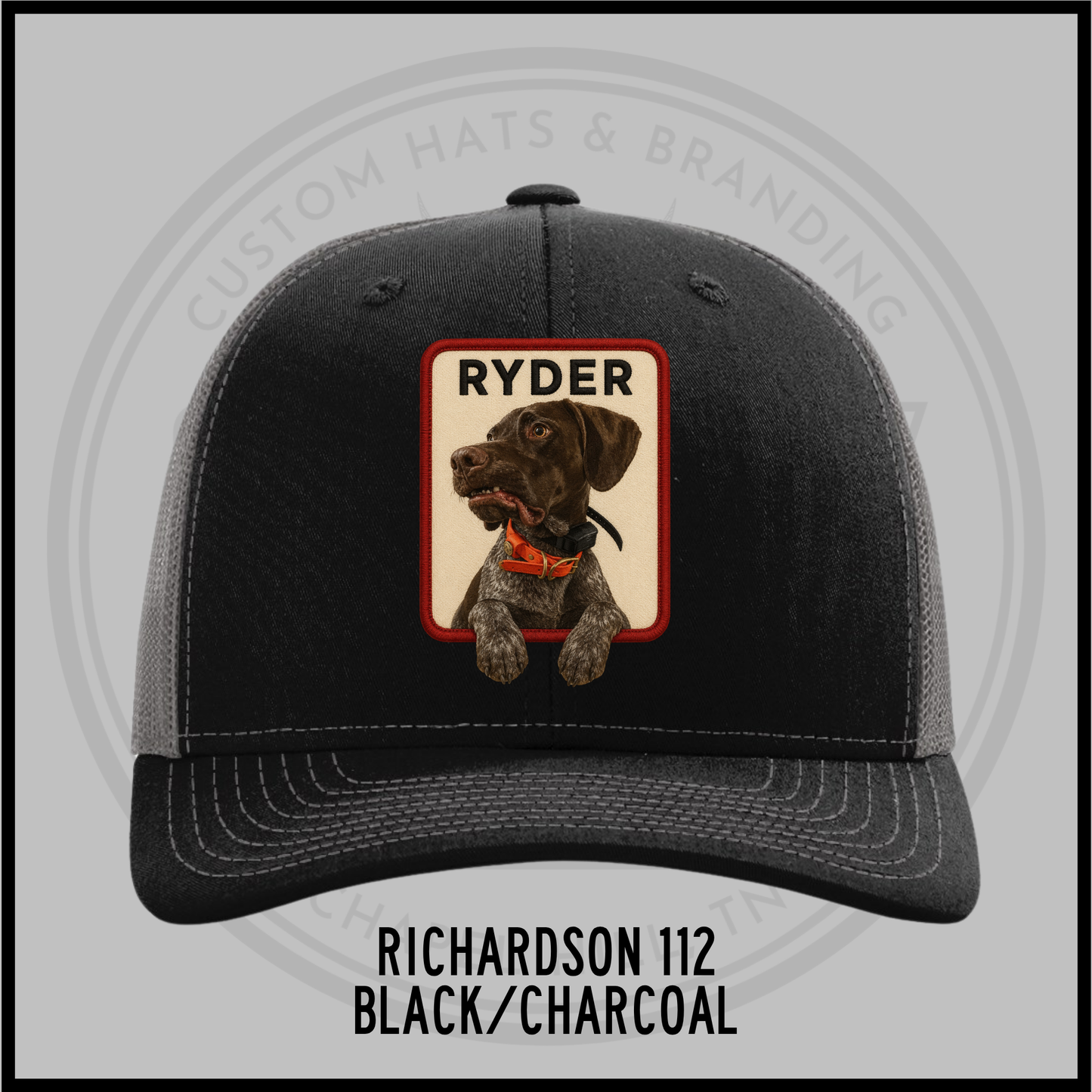 Customized dog personality baseball cap, black with charcoal trim, patch 'RYDER'.