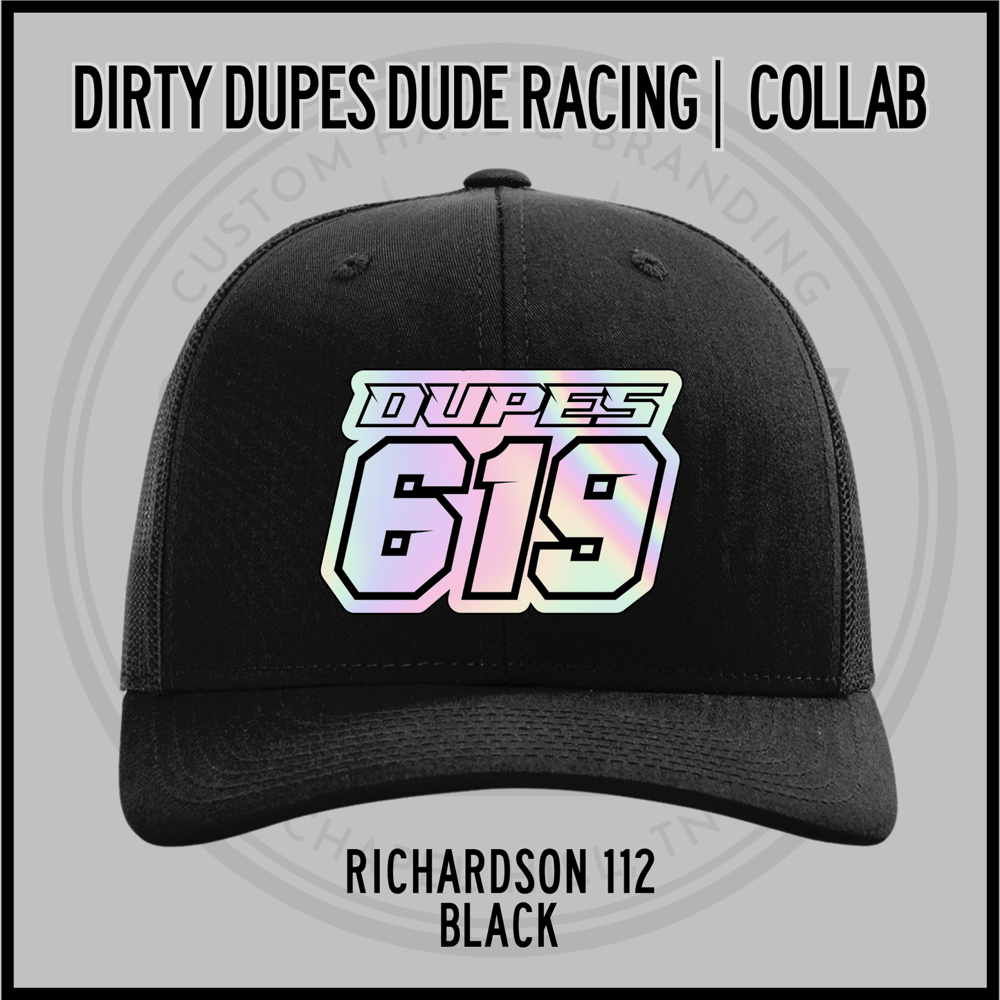 Black Richardson 112 racing cap with DUPES 619 front patch