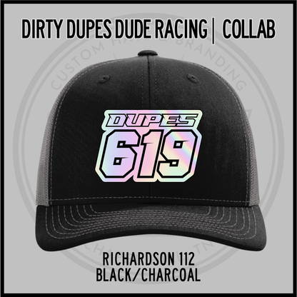 Black/charcoal Richardson 112 racing cap with DUPES 619 front patch