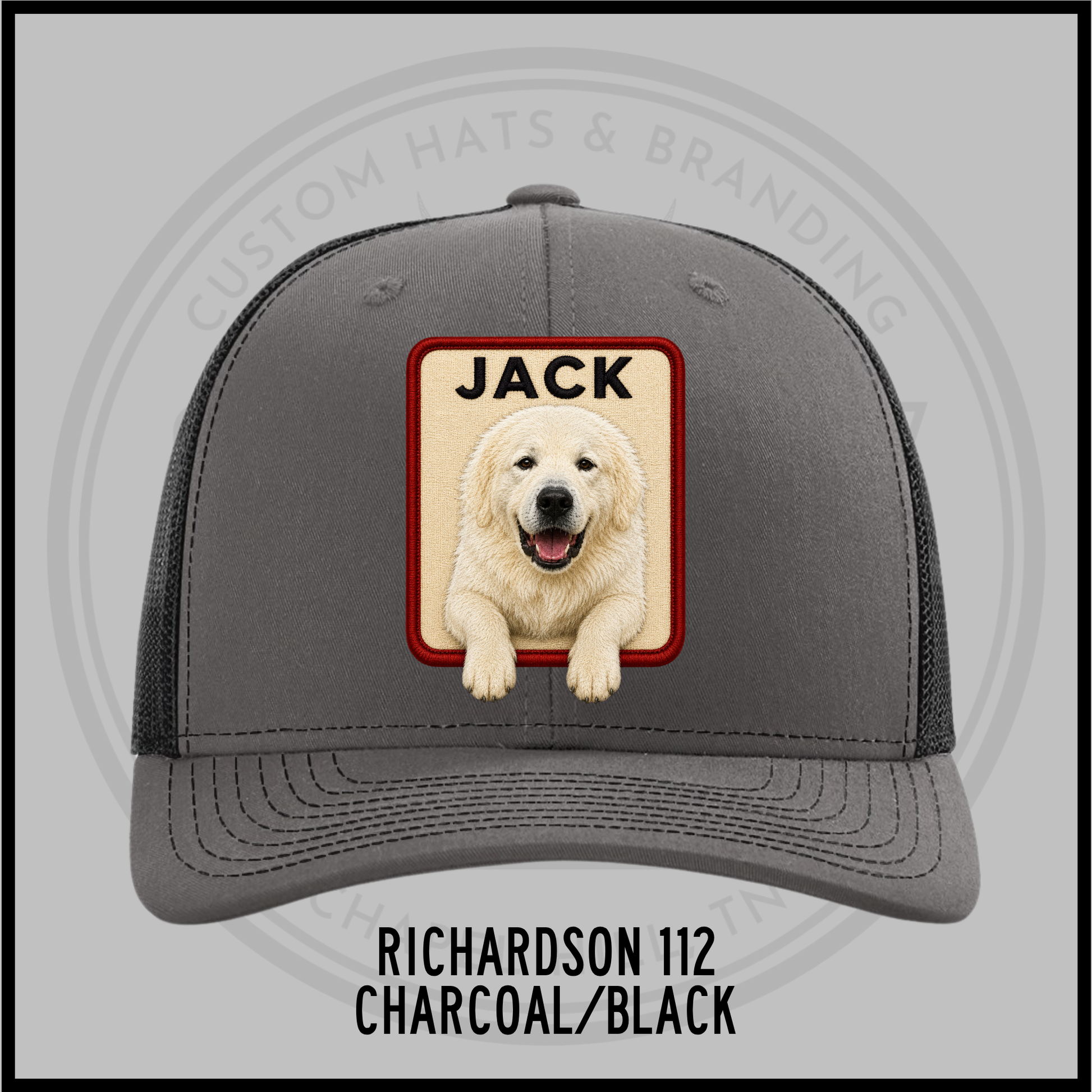 Customized dog personality baseball cap, charcoal grey with black trim, patch 'JACK'.
