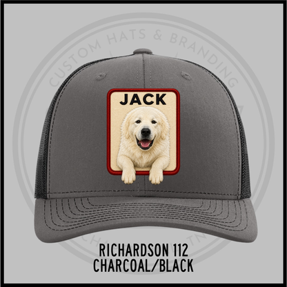 Customized dog personality baseball cap, charcoal grey with black trim, patch 'JACK'.