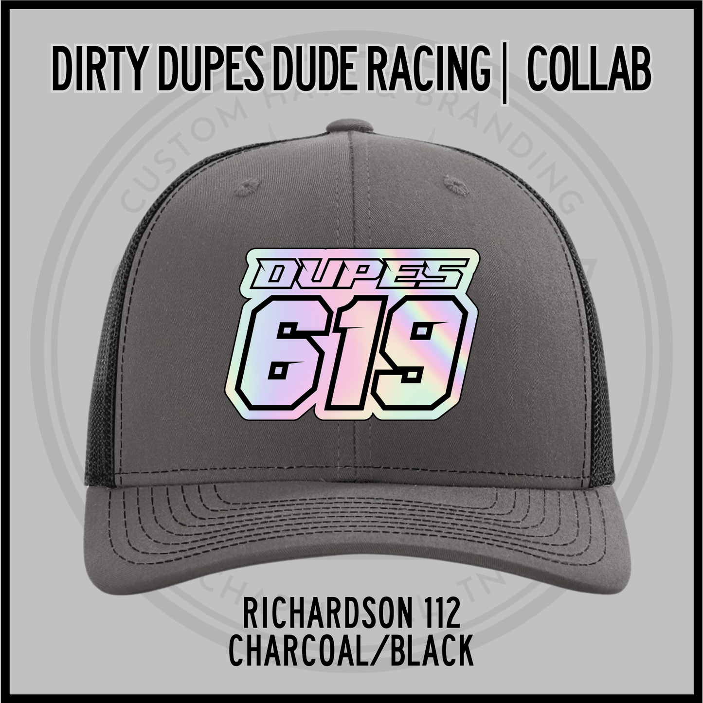 Charcoal/black Richardson 112 racing cap with DUPES 619 front patch