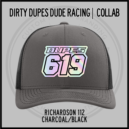 Charcoal/black Richardson 112 racing cap with DUPES 619 front patch
