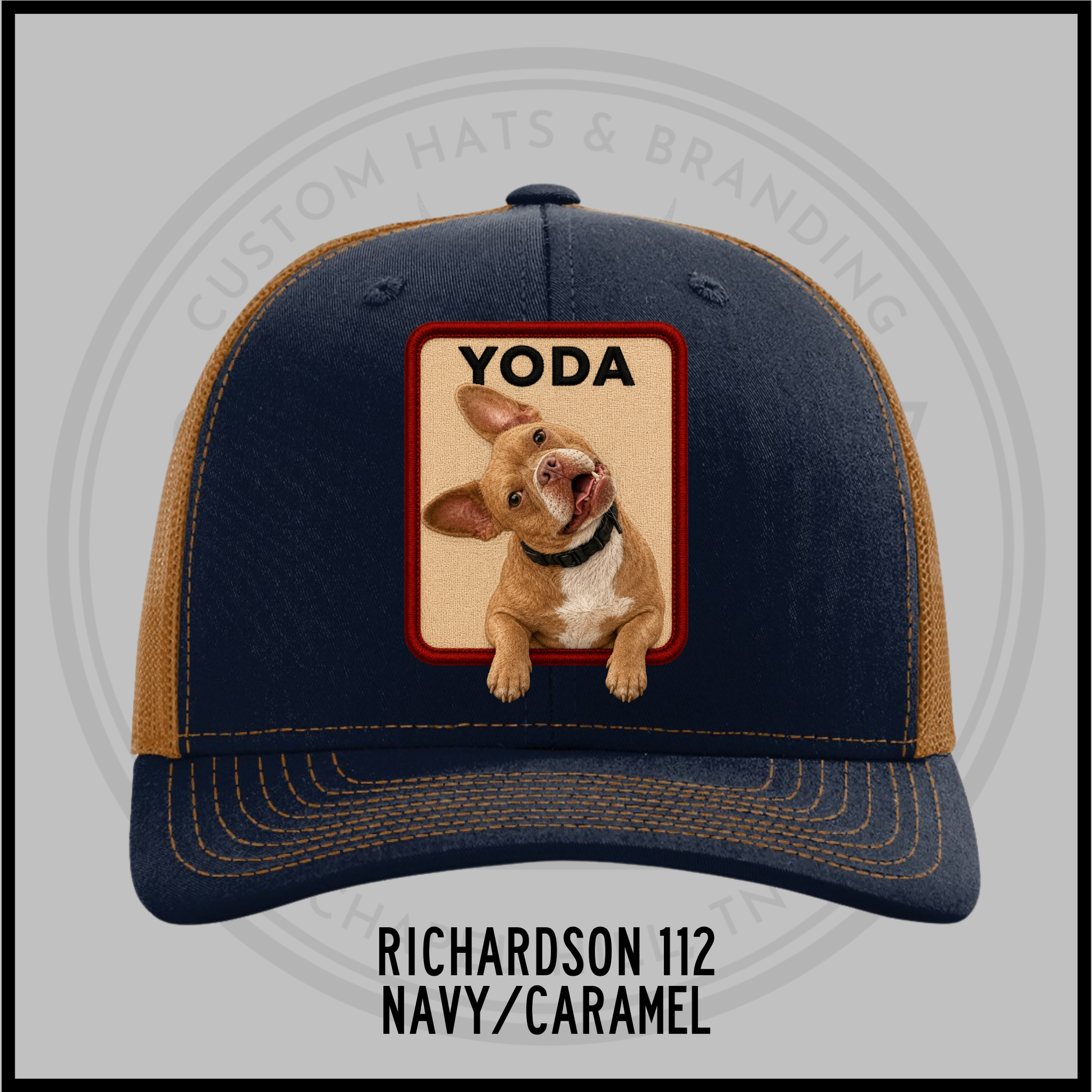 Customized dog personality baseball cap, navy with caramel trim, patch 'YODA'.