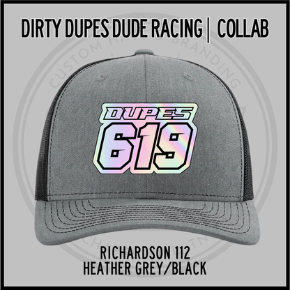 Heather grey/black Richardson 112 racing cap with DUPES 619 front patch