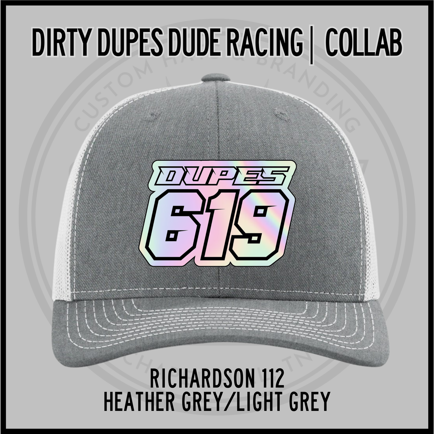 Heather grey/light grey Richardson 112 racing cap with DUPES 619 front patch