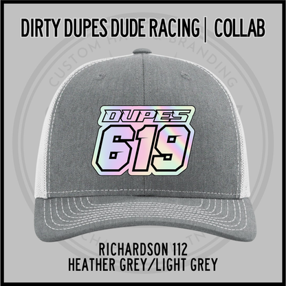 Heather grey/light grey Richardson 112 racing cap with DUPES 619 front patch