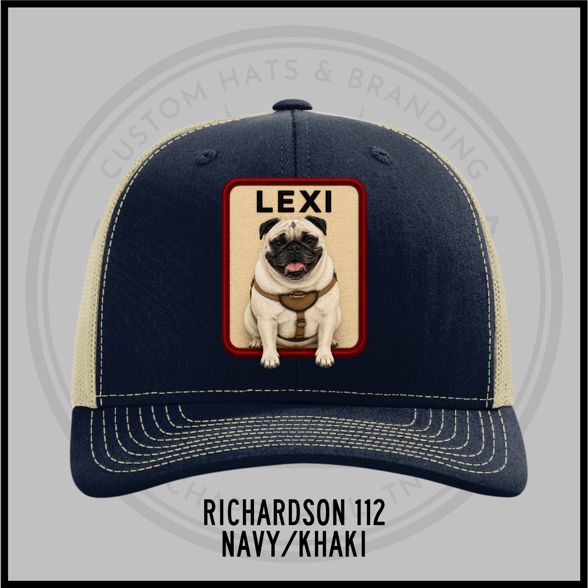 Customized dog personality baseball cap, navy with khaki trim, patch 'LEXI'.