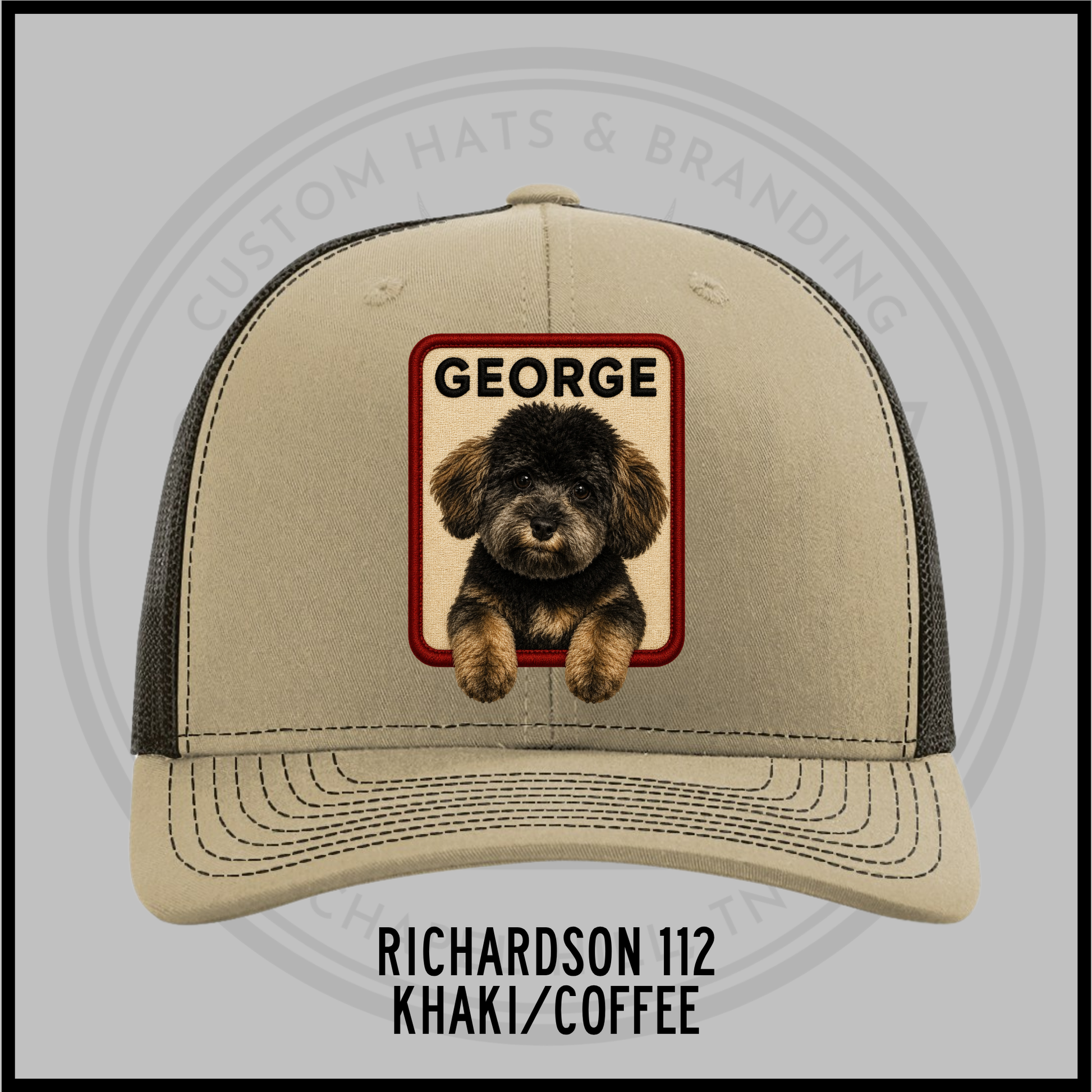 Khaki custom trucker hat with dog patch labeled GEORGE