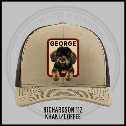 Khaki custom trucker hat with dog patch labeled GEORGE