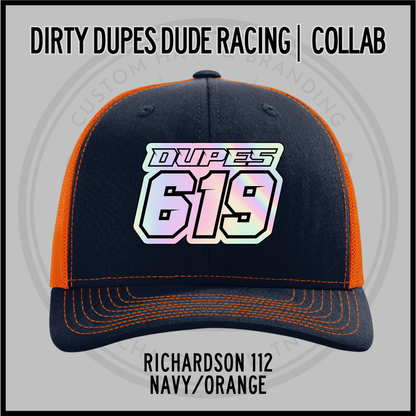 Navy/orange Richardson 112 racing cap with DUPES 619 front patch
