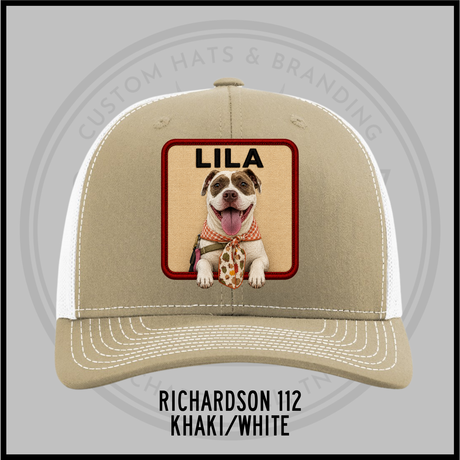 Khaki custom trucker hat with dog patch labeled LILA