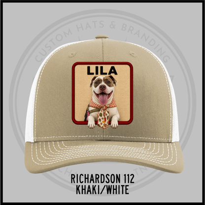 Khaki custom trucker hat with dog patch labeled LILA