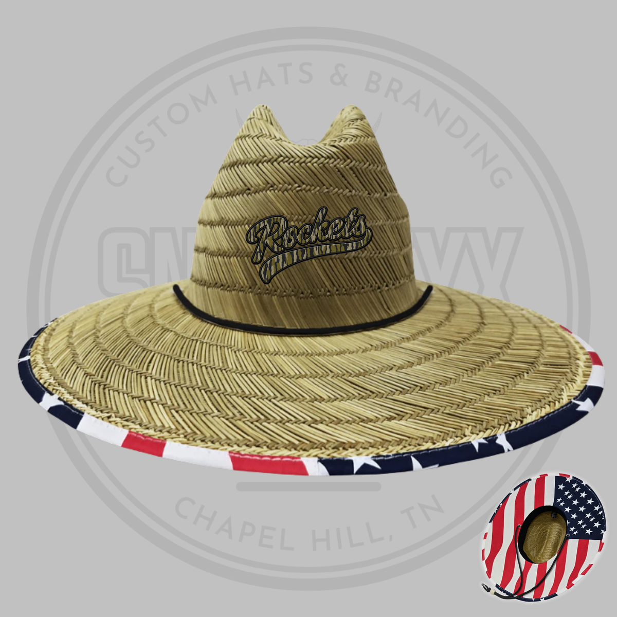 Tan straw cowboy hat with Rockets logo band and American-flag brim edge