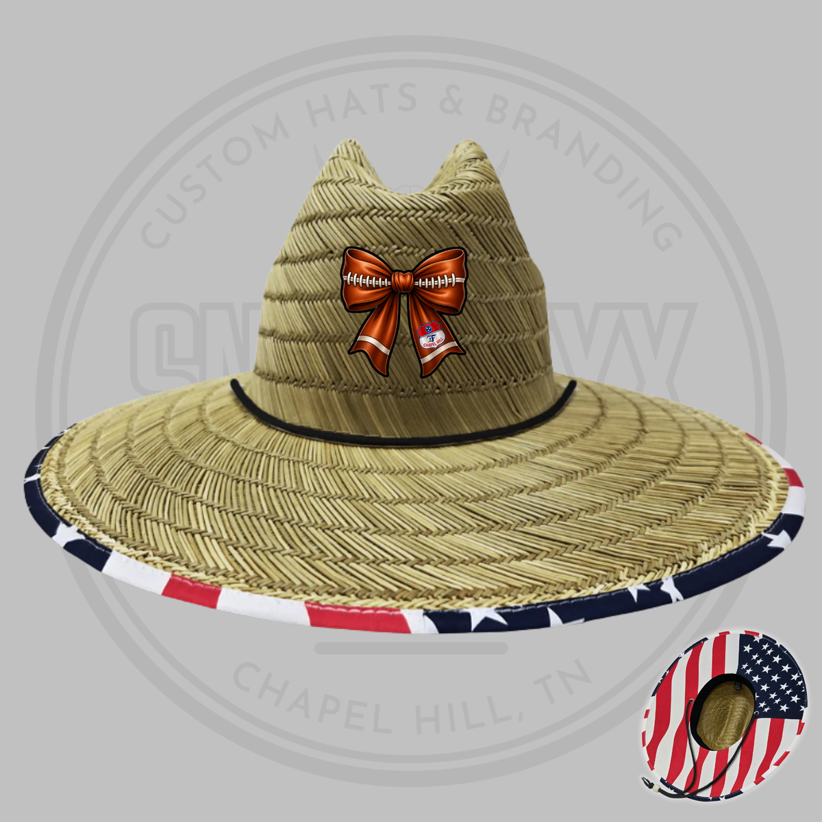 Straw football hat with centered football-bow patch and American flag brim trim