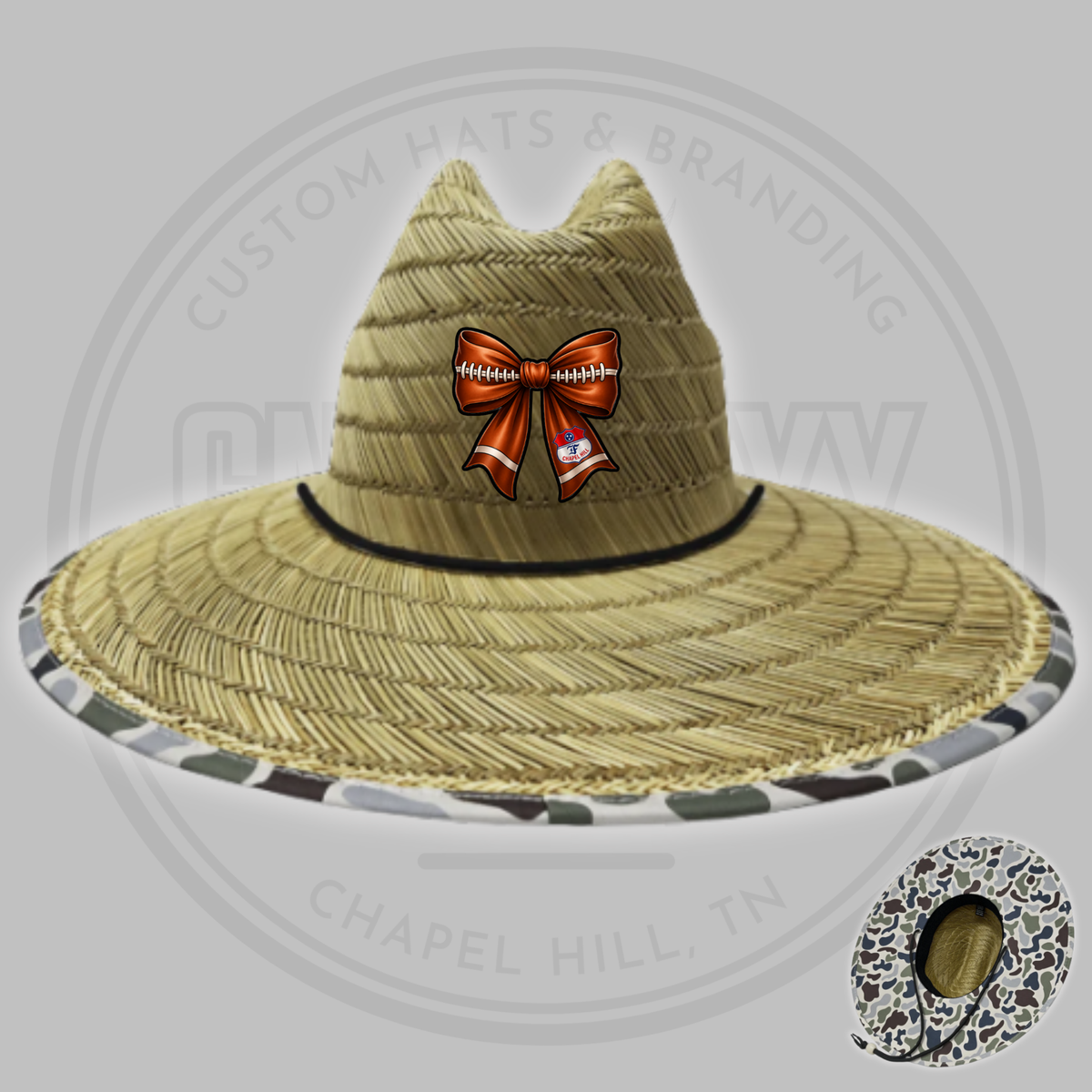 Straw football hat with centered football-bow patch and dark camo brim trim
