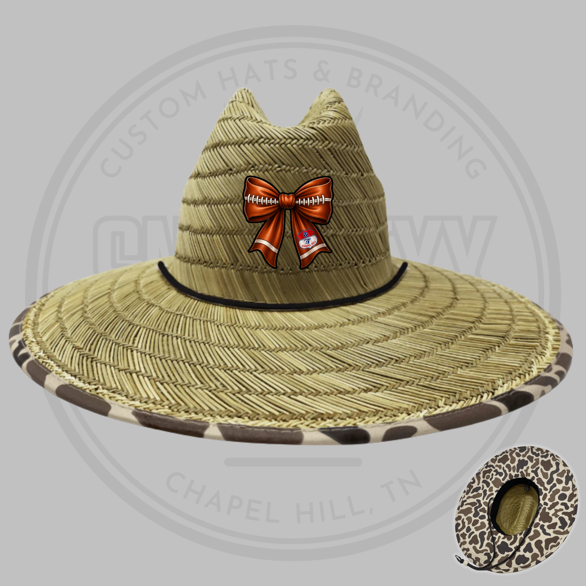 Straw football hat with centered football-bow patch and leopard-camo brim trim
