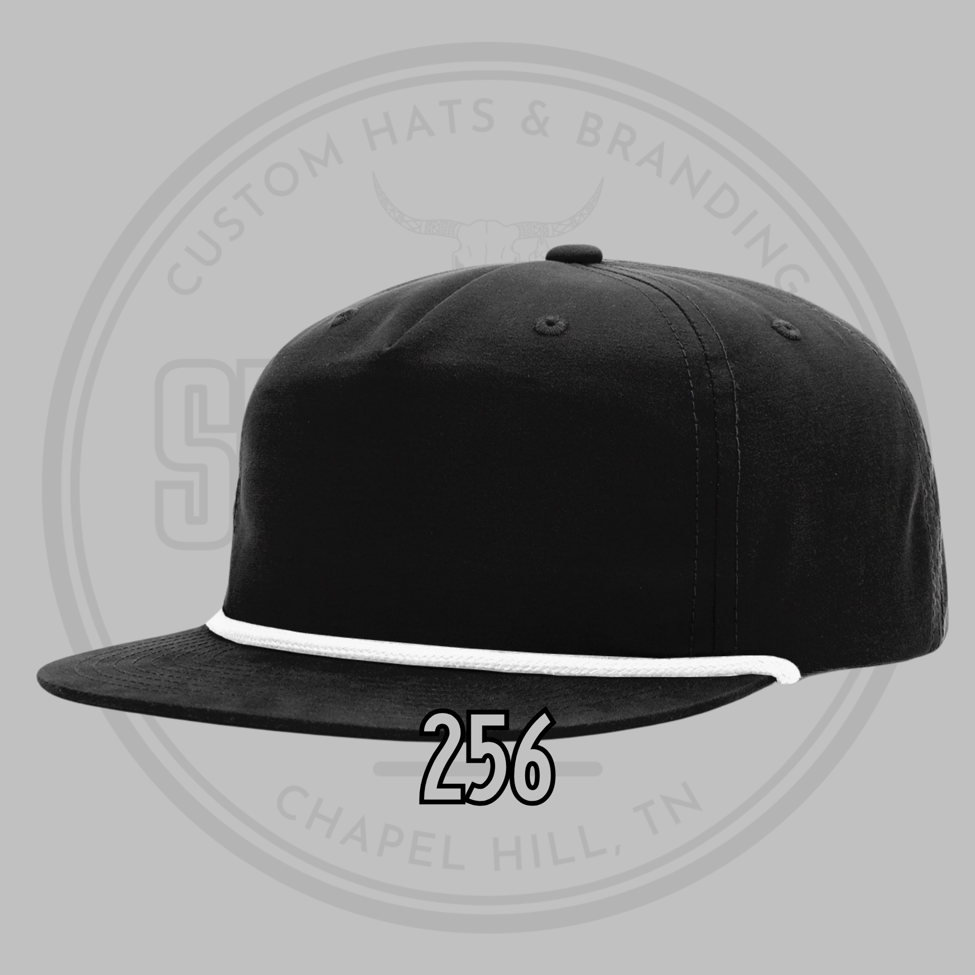 Black baseball cap with white underside, flat brim and small top button