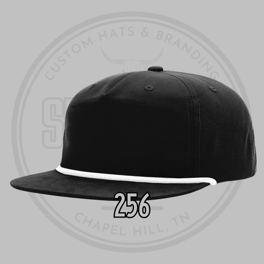 Black baseball cap with white underside, flat brim and small top button