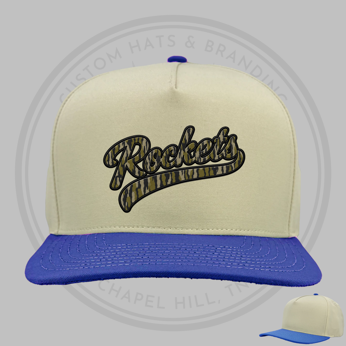 Cream baseball cap with blue brim and dark Rockets script logo
