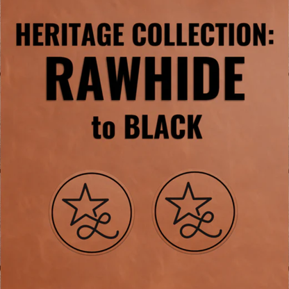 Heritage collection sample: rawhide to black with two circular star and motorcycle icons