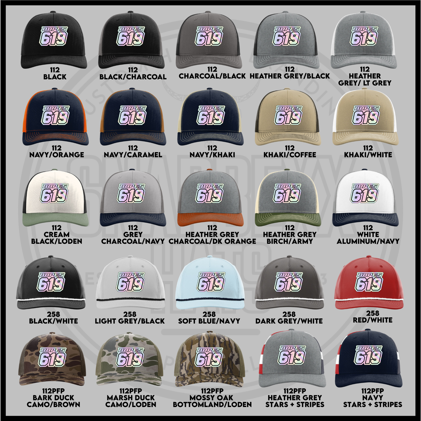 Assorted Richardson 112PFP trucker caps showing multiple colors and '619' logos