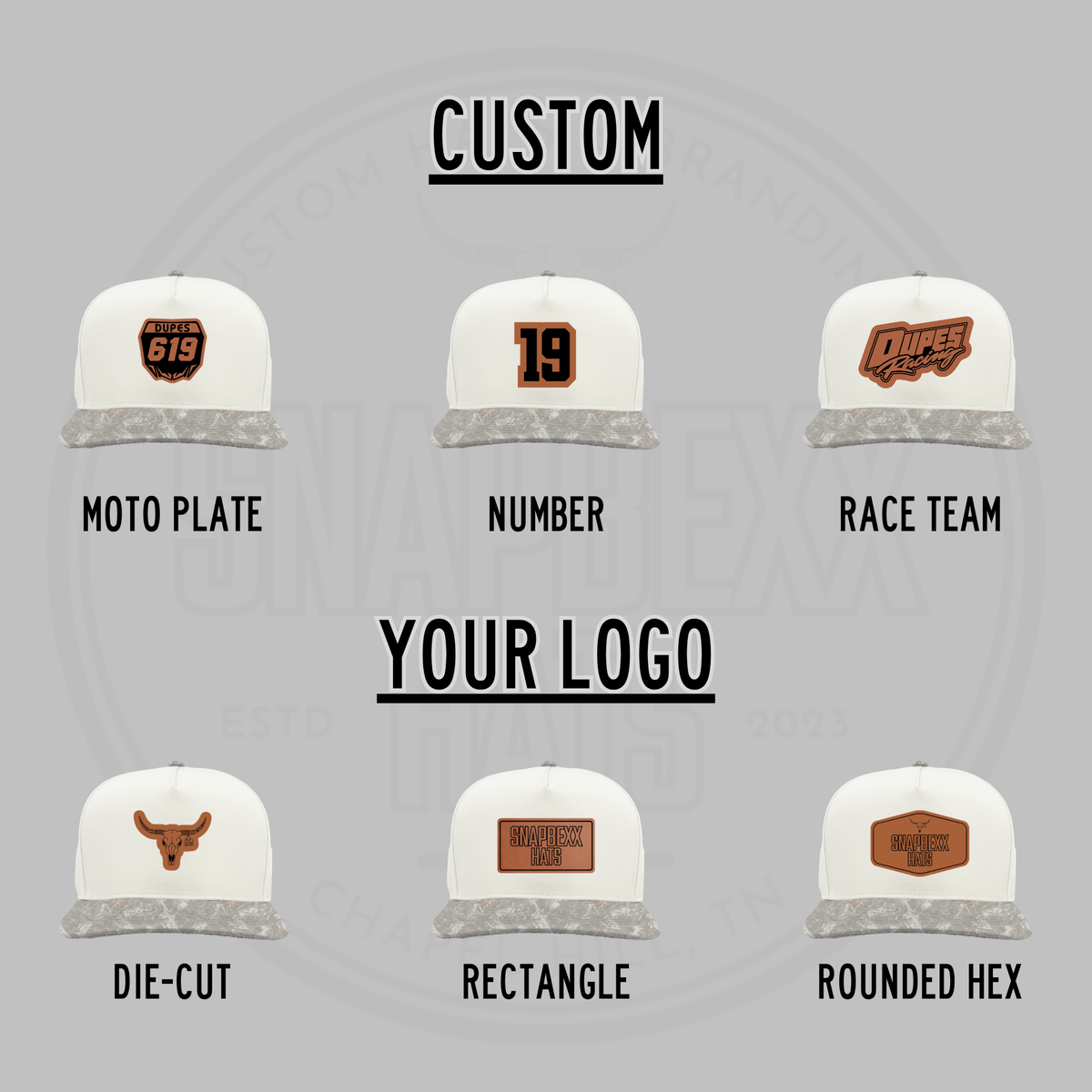 White custom baseball cap mockups with different patch shapes and logo placements