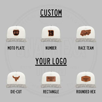 White custom baseball cap mockups with different patch shapes and logo placements
