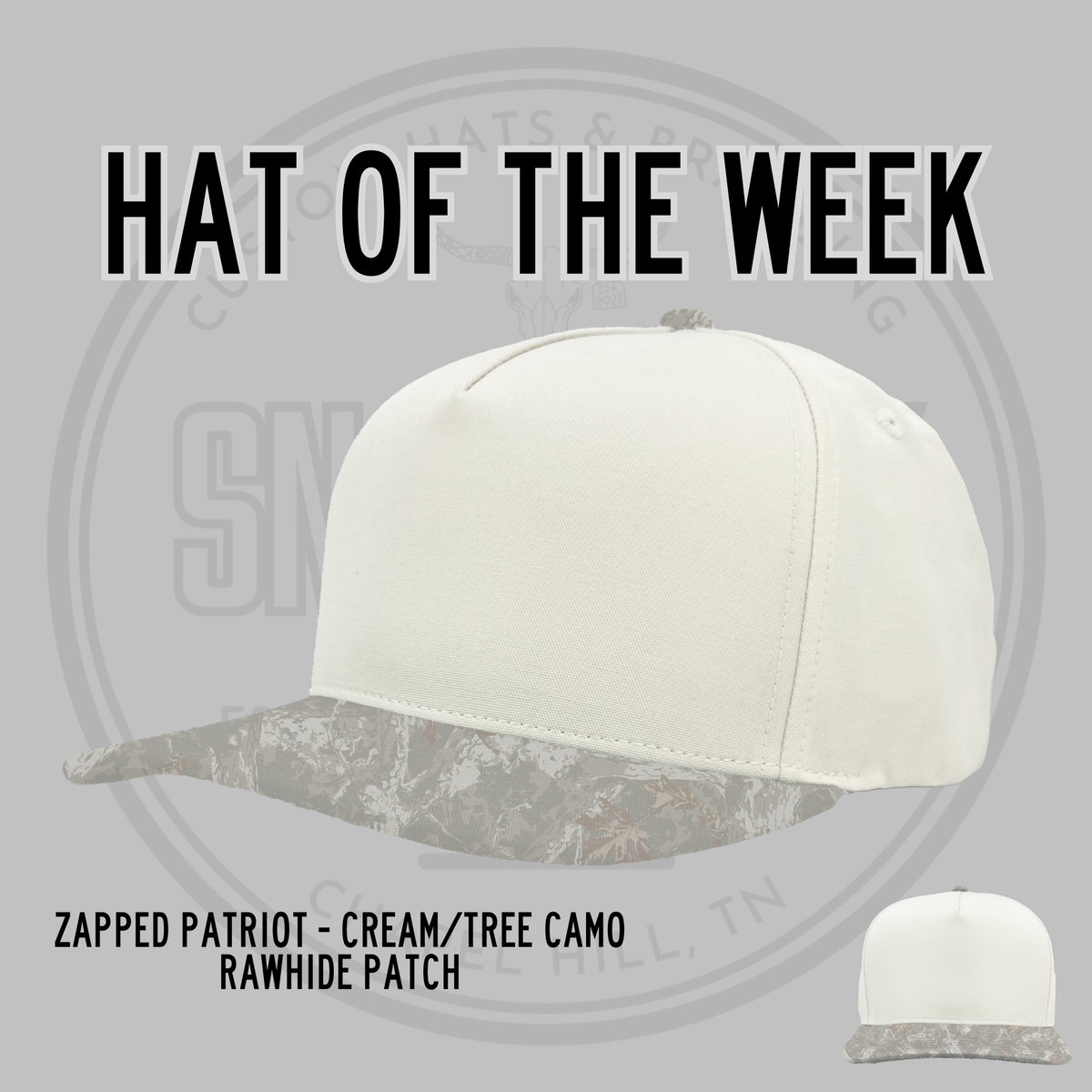 Cream baseball cap with tree-camo brim and rawhide-style patch