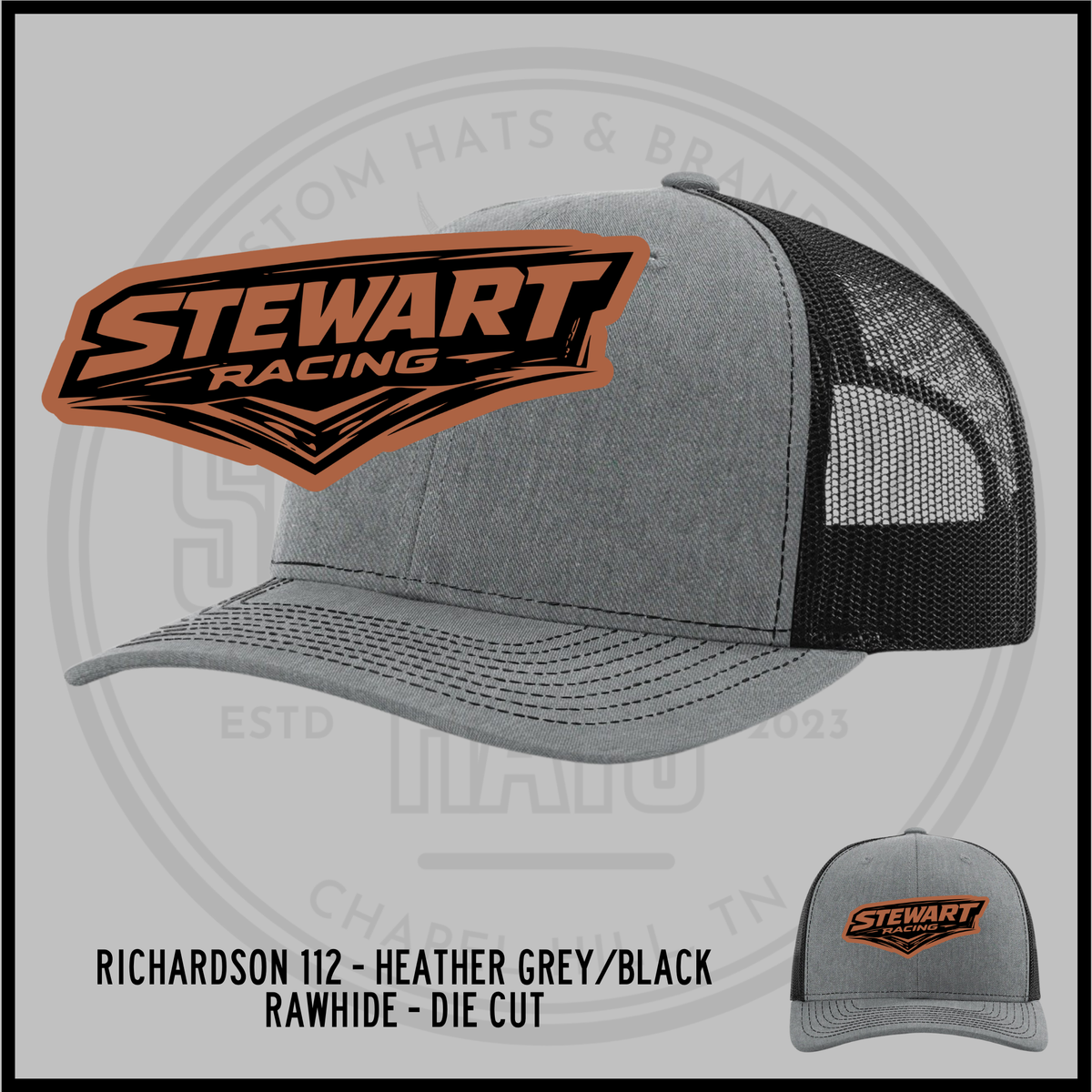 Heather grey trucker cap with black mesh back, curved brim, and Stewart Racing logo patch