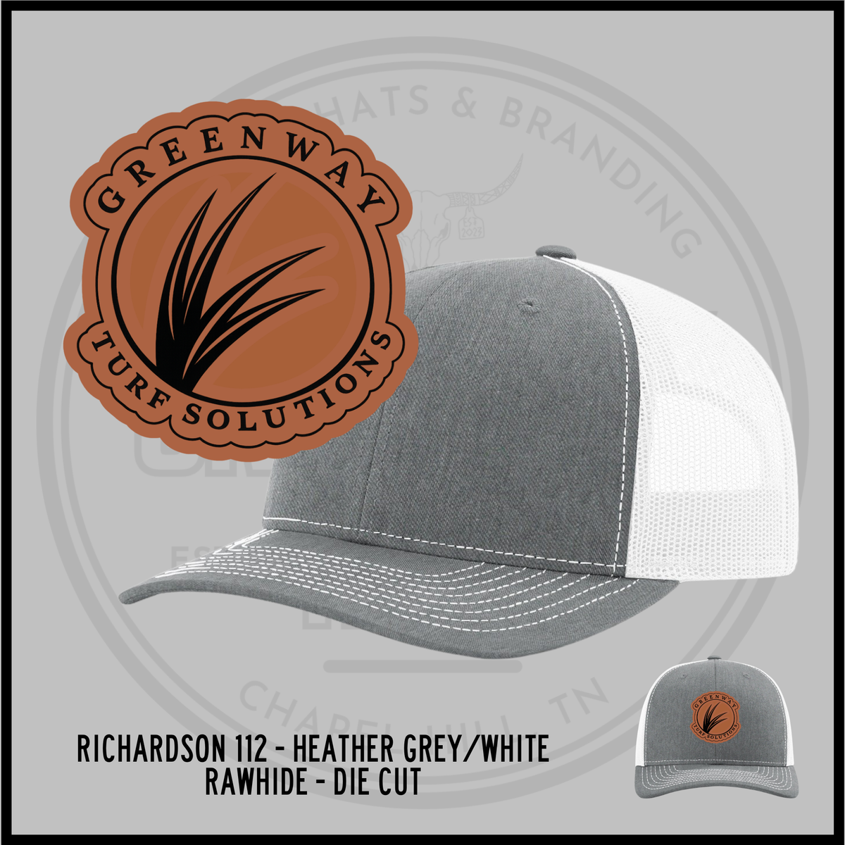 Heather grey and white trucker cap with mesh back and embroidered logo patch