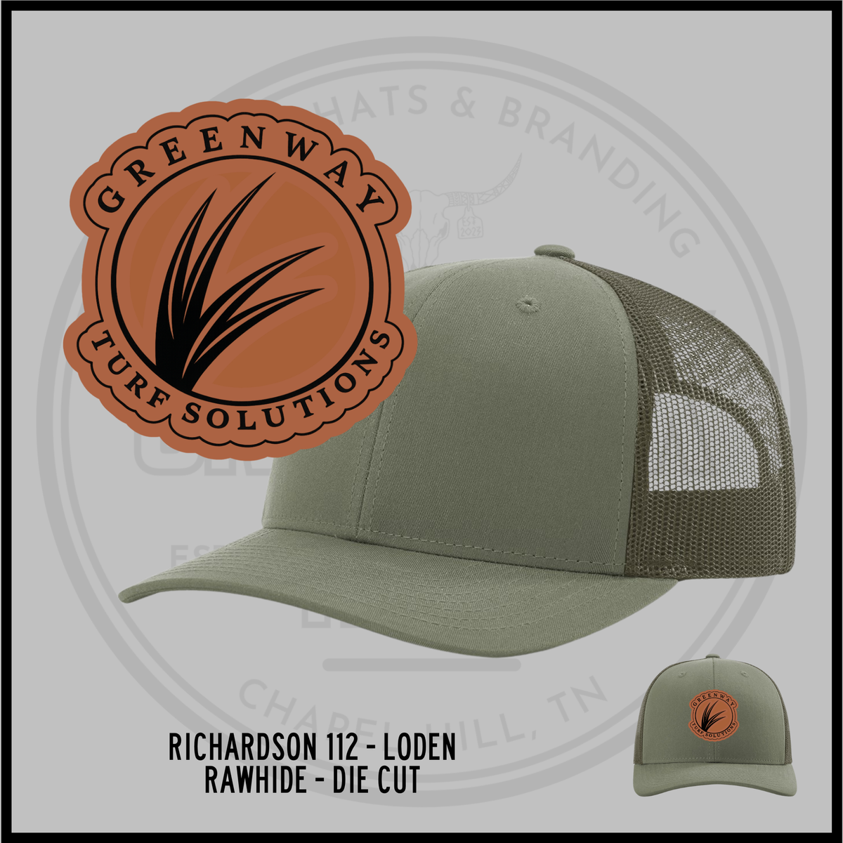 Loden green trucker cap with mesh back and embroidered logo patch