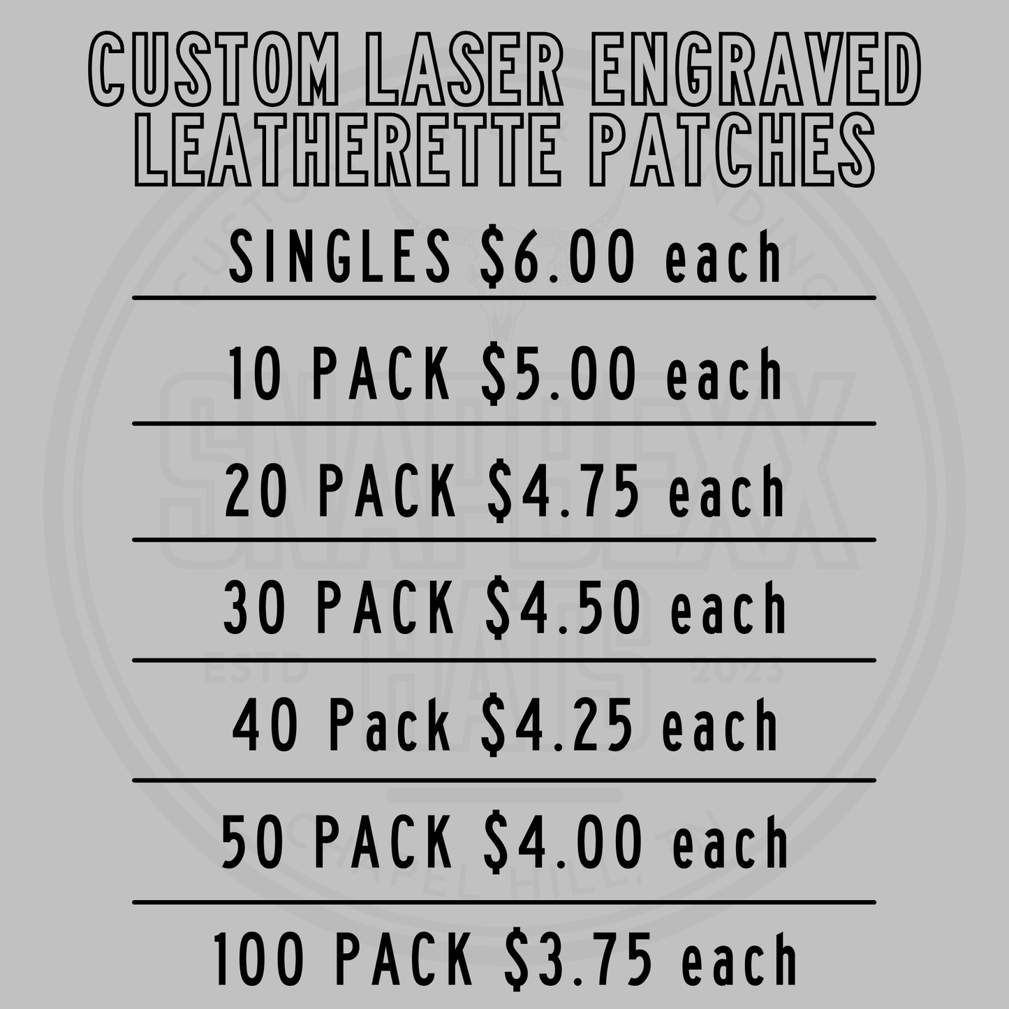 Laser engraved leatherette patches price list for single and 10–100 pack options