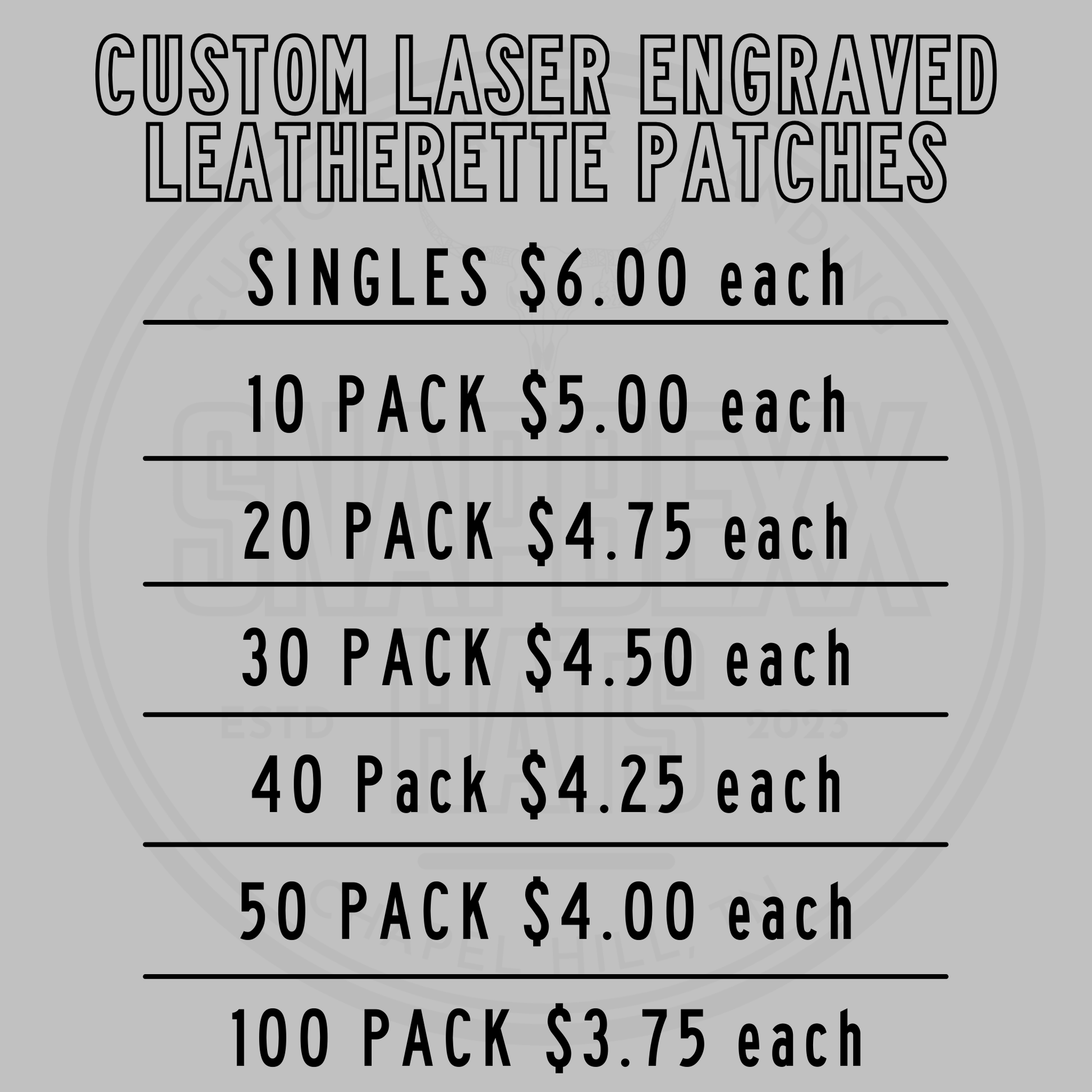 Laser engraved leatherette patches price list for single and 10–100 pack options
