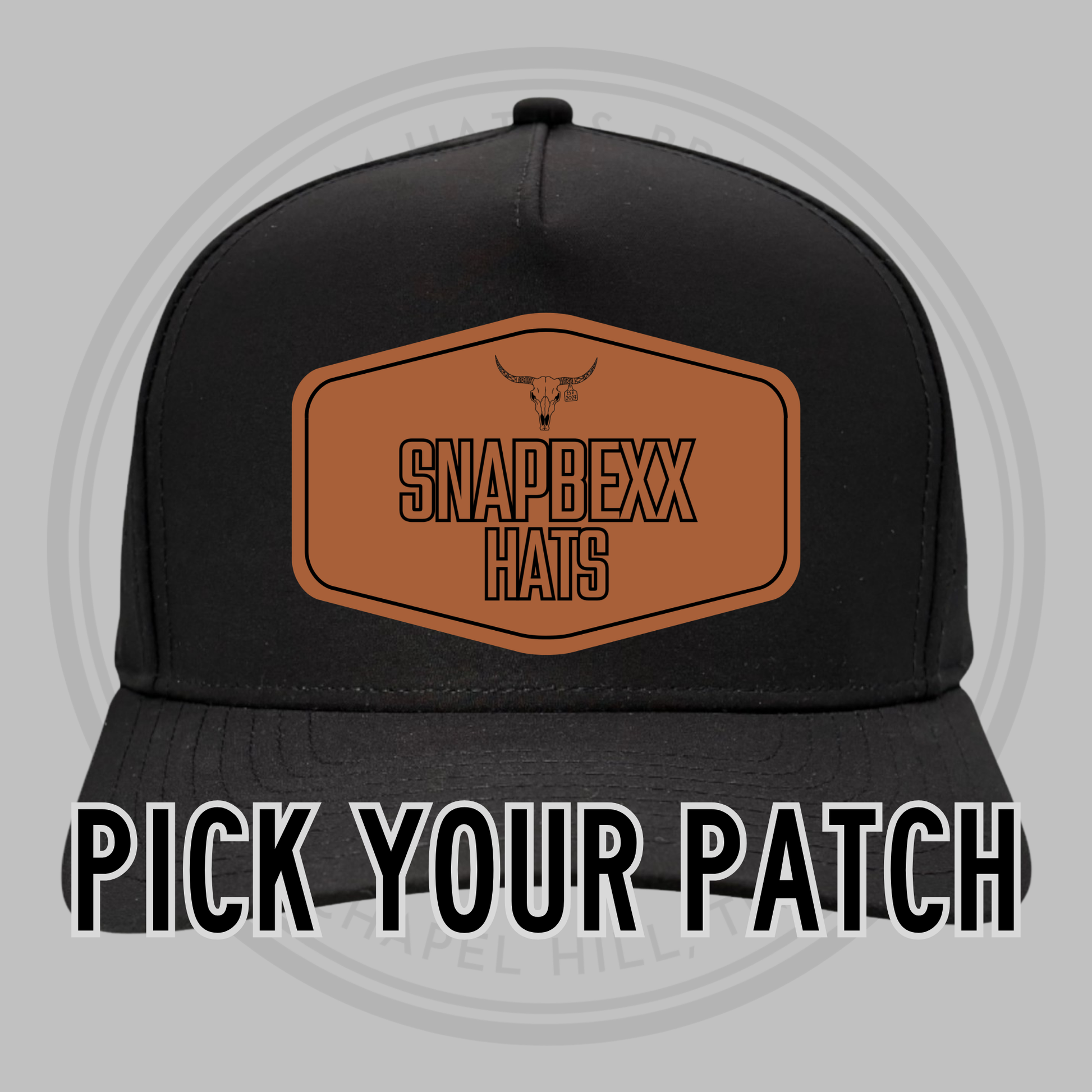 Black baseball cap front with patch area and SNAPDEXX HATS logo