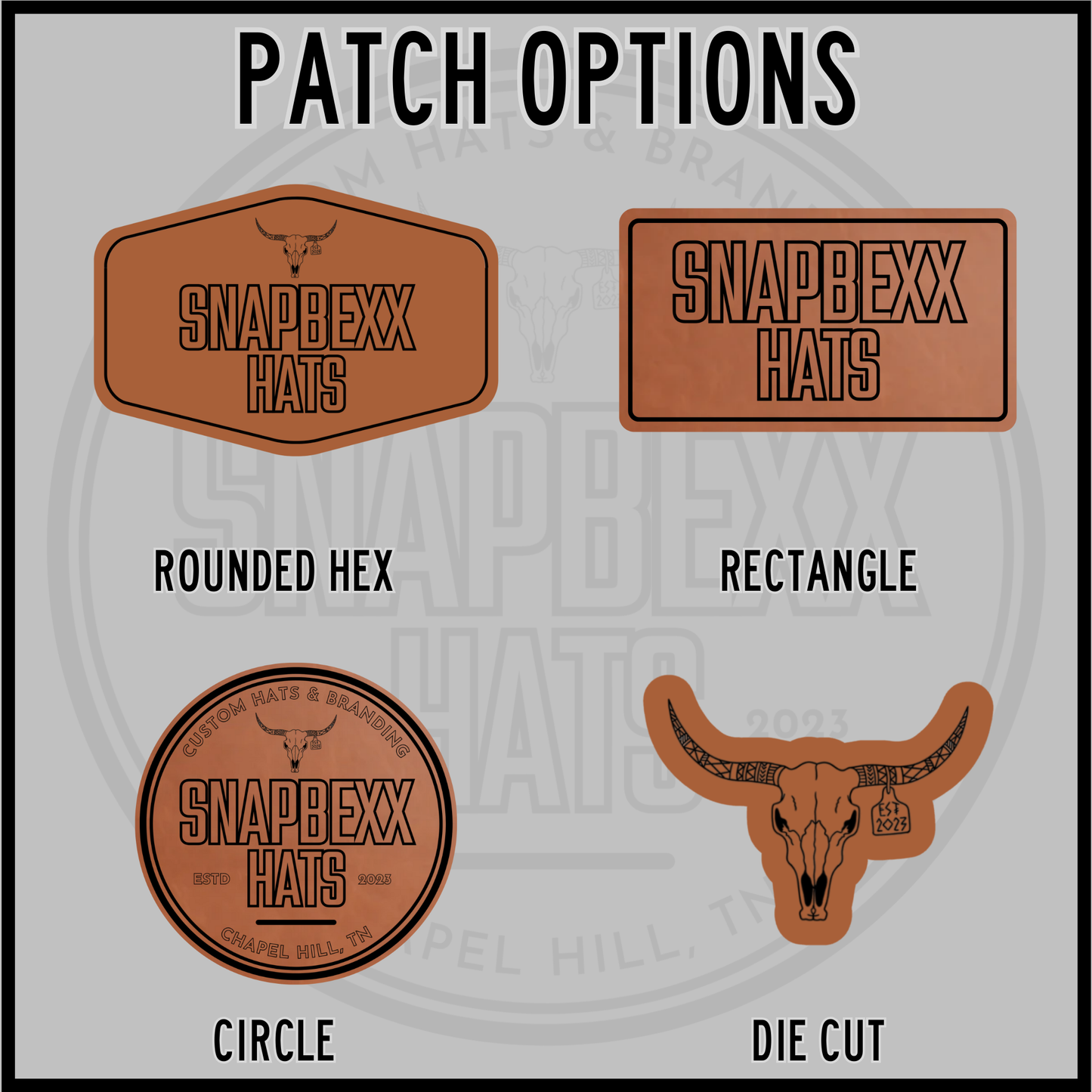 Laser engraved leatherette patch shapes: rounded hex, rectangle, circle, die-cut