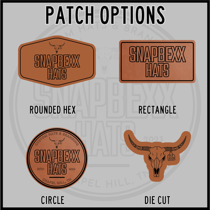 Laser engraved leatherette patch shapes: rounded hex, rectangle, circle, die-cut