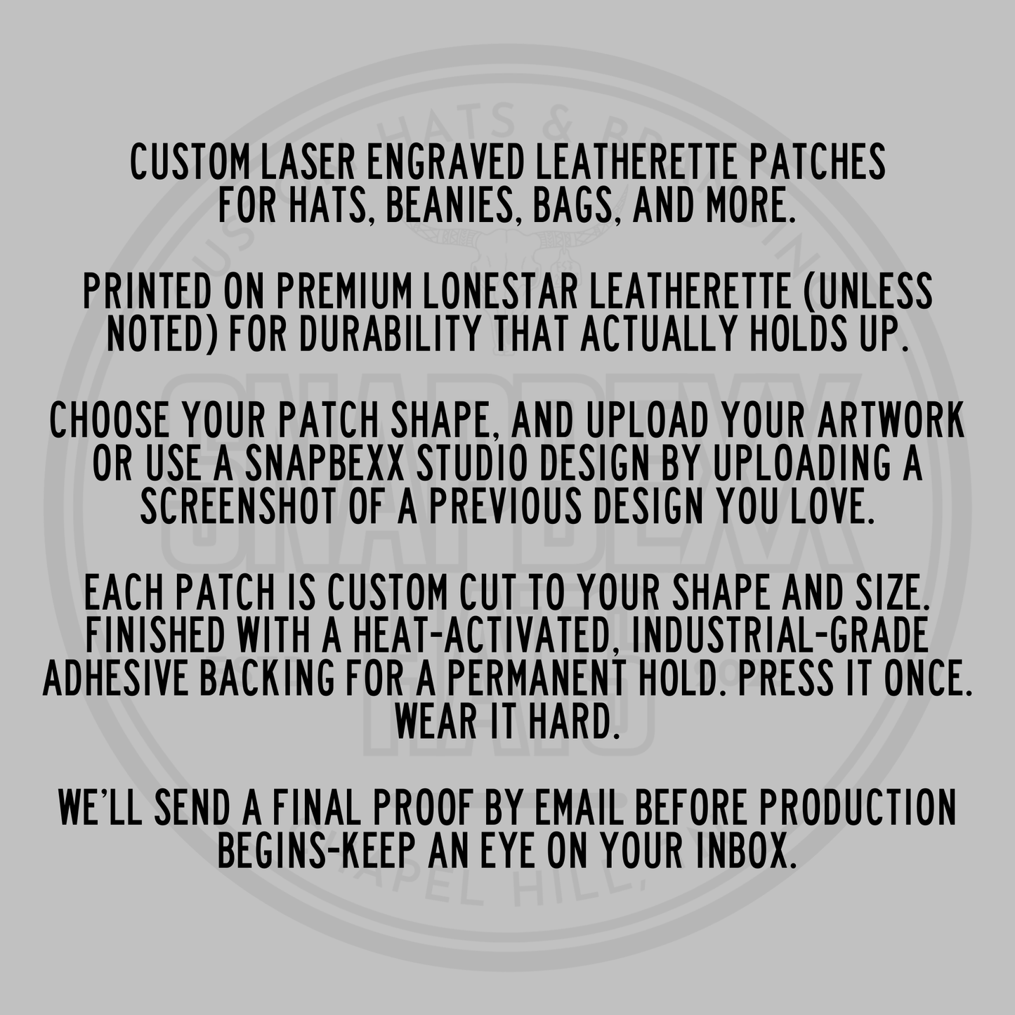 Custom laser engraved leatherette patches info card with durability and backing notes