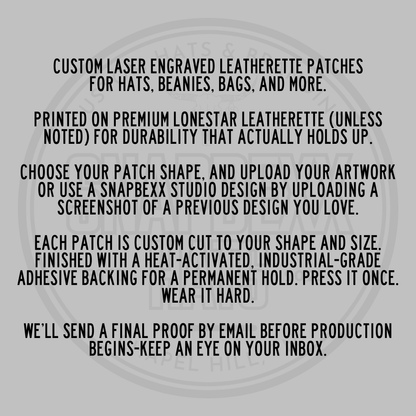 Custom laser engraved leatherette patches info card with durability and backing notes