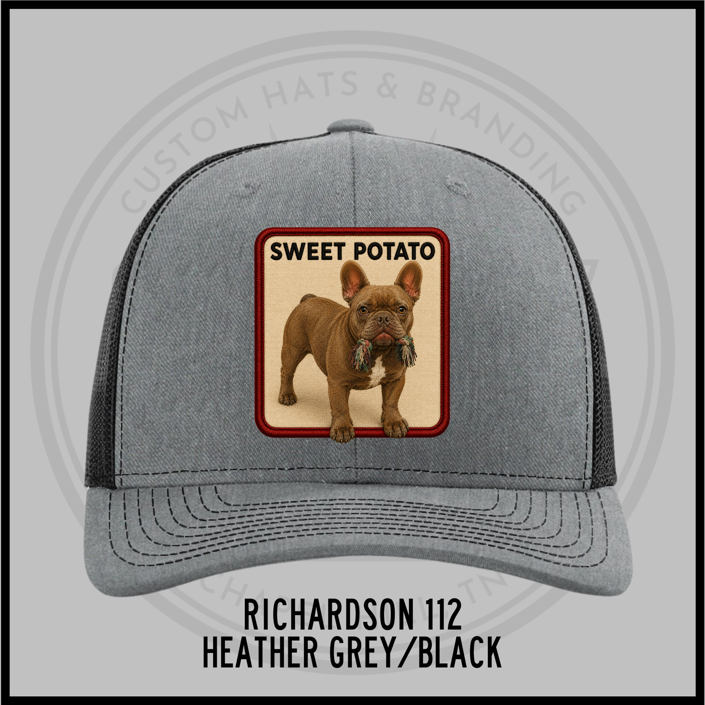 Custom embroidered puppy baseball cap, heather grey with black brim, Sweet Potato patch